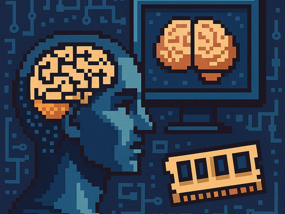 Pixel art of a blue figure with a visible brain beside a screen displaying a brain, circuit background, and a RAM chip. Tech-themed.
