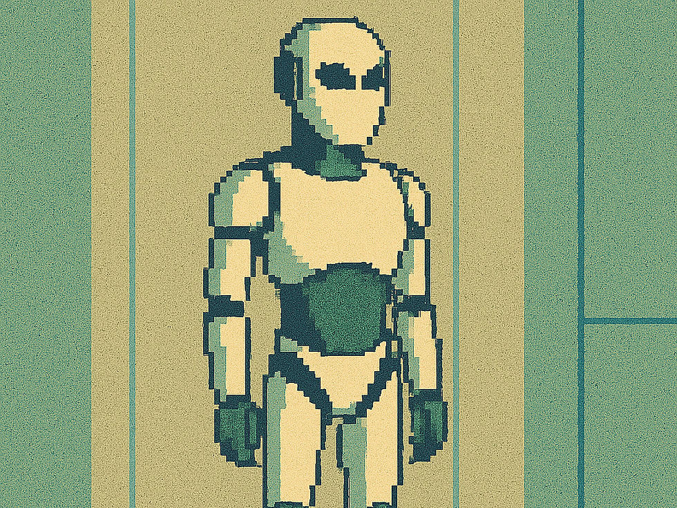 A pixel art depiction of a humanoid robot standing in a futuristic setting, showcasing retro design aesthetics.