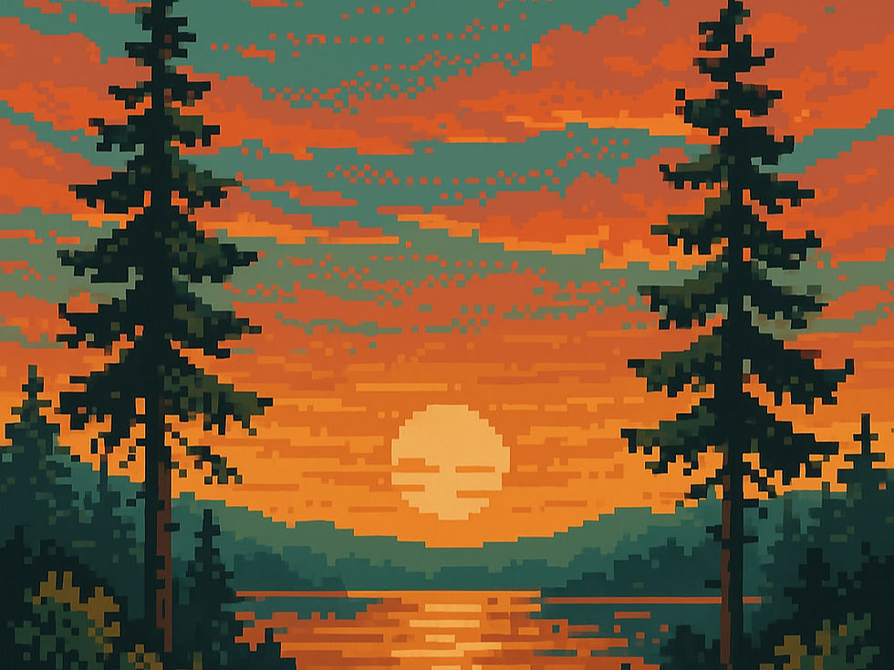 Pixel art of a sunset over a lake, flanked by tall trees. The sky is orange and teal, reflecting on the water, creating a serene mood.