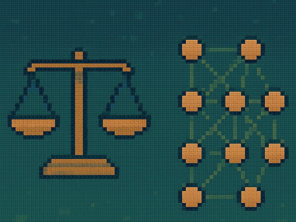 Pixelated representation of the scales of justice and a network, symbolizing the intersection of law and digital technology.
