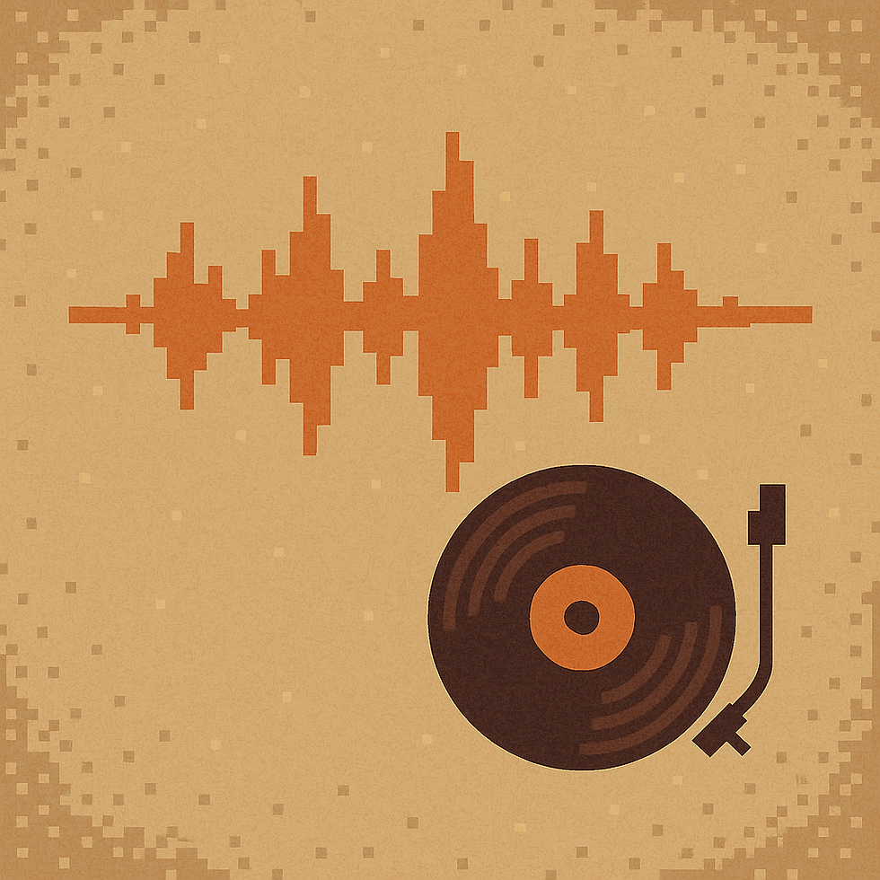 A vintage-style illustration featuring a vinyl record and a soundwave, capturing the essence of classic music and audio nostalgia.