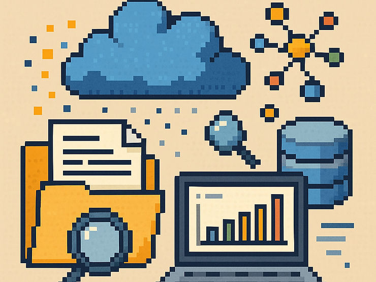 Pixel art of data analysis showing a laptop with bar graph, folder, documents, magnifying glass, cloud, and network nodes on beige background.