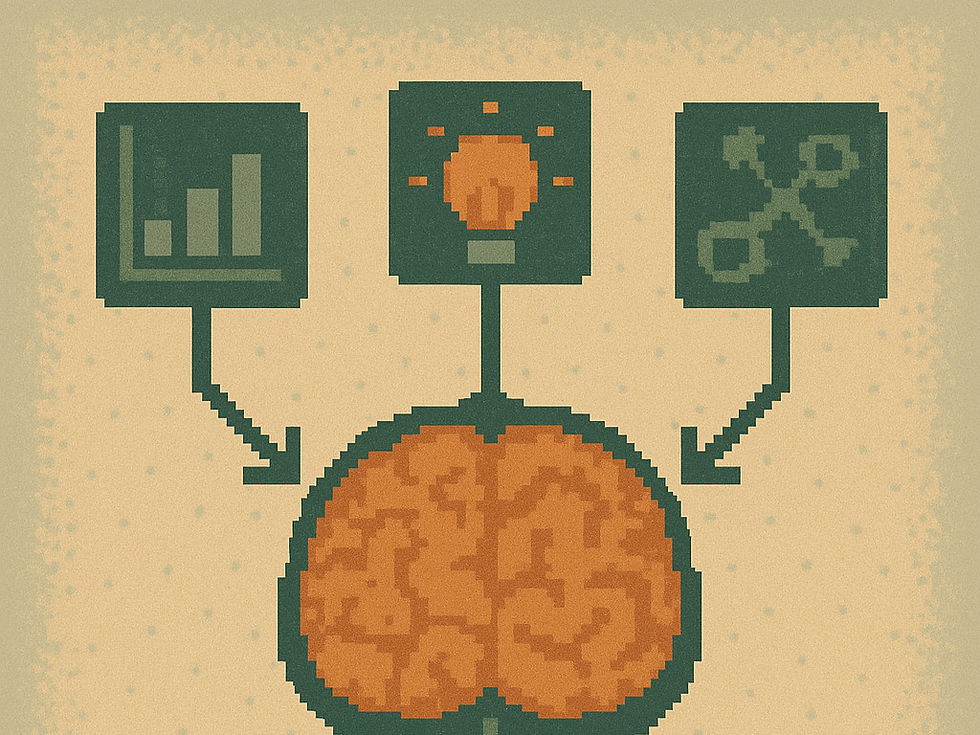 Pixel art illustration depicting the brain's connection with data analysis, innovation, and problem-solving.