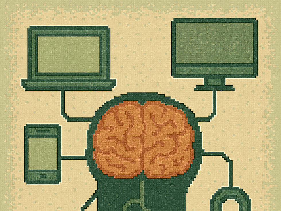 An illustration of the human brain connected to various digital devices, symbolizing the integration of technology and cognitive processes in the digital age.