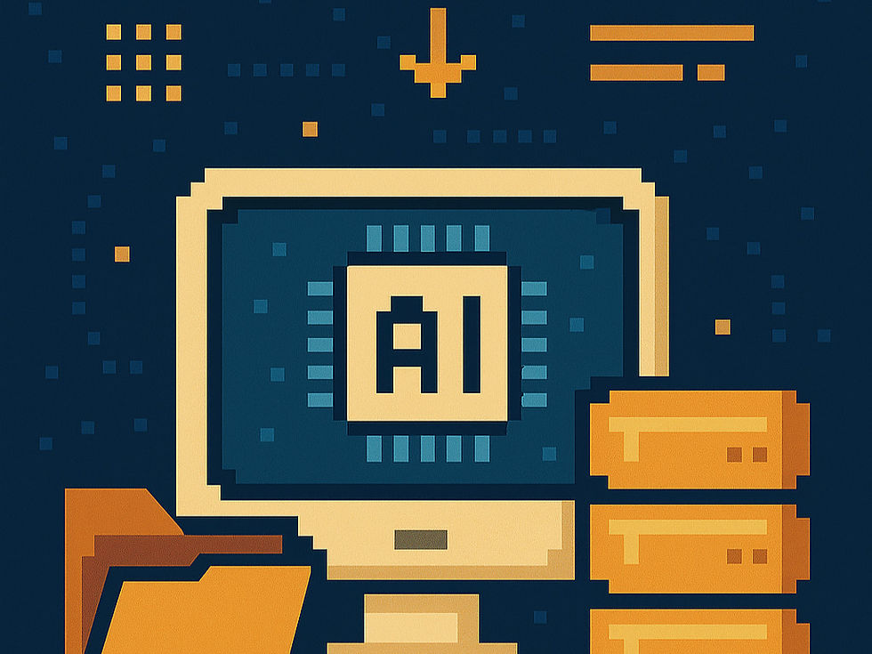 Pixel art showing a computer with "AI" on the screen, a folder, and data servers. Blue and orange theme with abstract symbols.