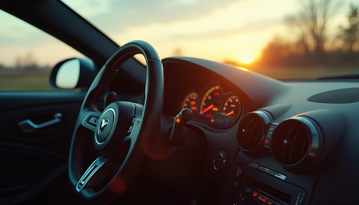 Eye-level view of a sleek sports car dashboard illuminated by morning light