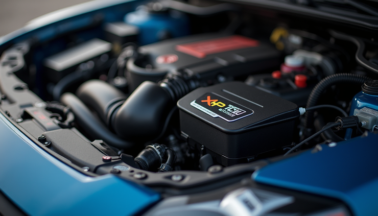 Close-up view of a car engine bay with xHP TCU Flash tuning device connected