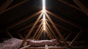 Light shining through a gap in dark attic roof trusses