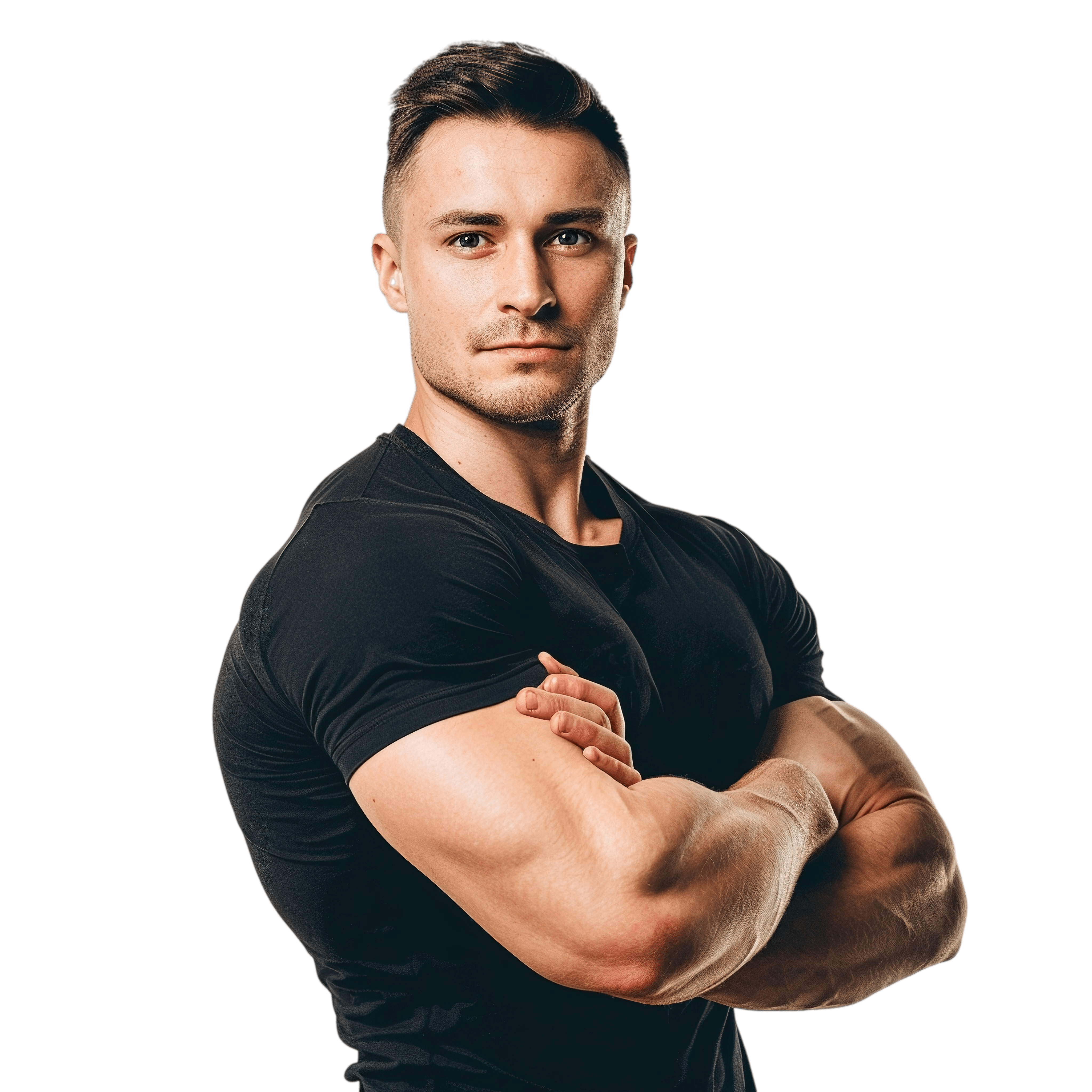 Muscular man in black t-shirt with arms crossed