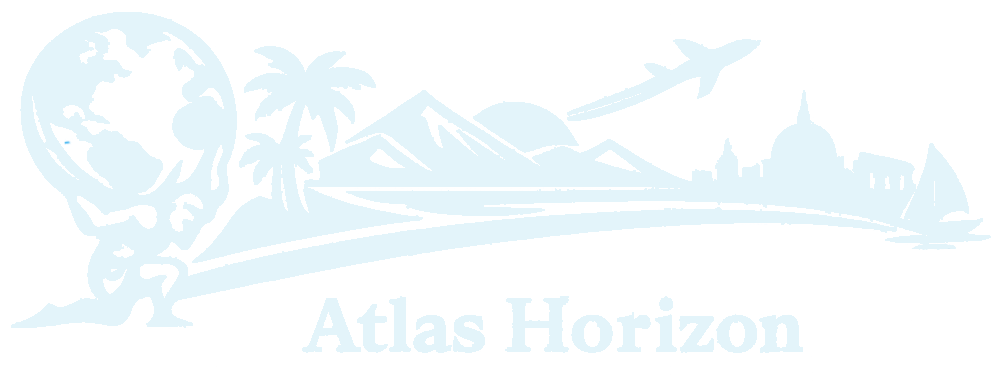 Atlas Horizon logo with travel icons and globe