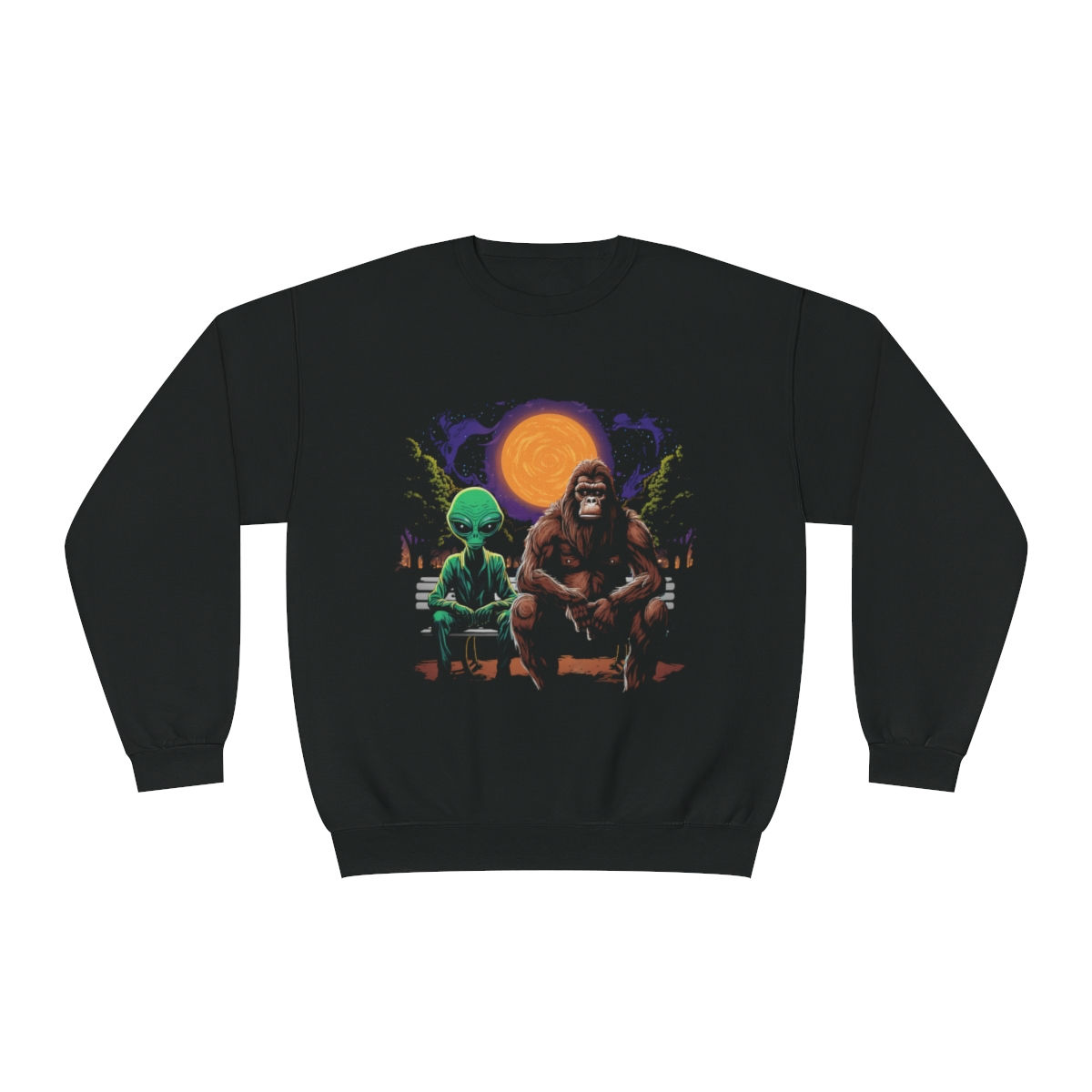 Bigfoot & Alien Sitting on Bench - Unisex NuBlend® Crewneck Sweatshirt