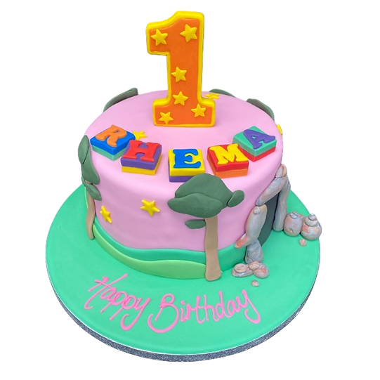 Bespoke In The Night Garden cake with colorful characters and stars, crafted in Solihull, West Midlands.
