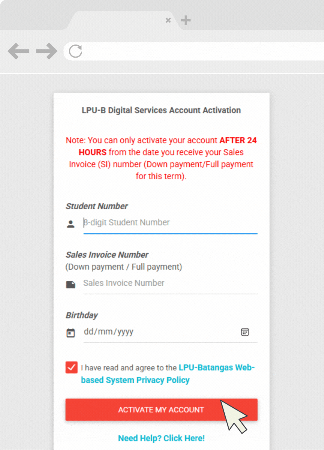Activation Image 1 shows the activation page to enter your student number, official sales invoice number, and birthday