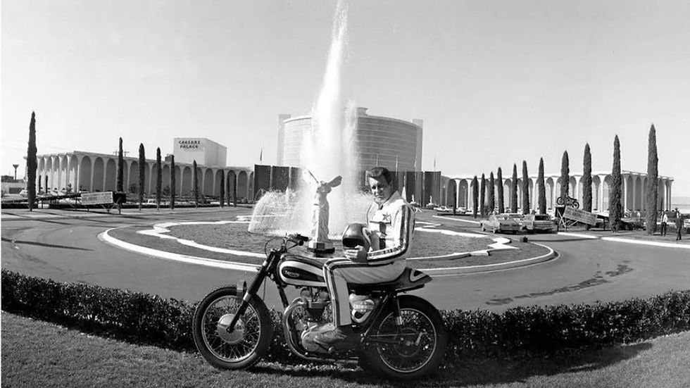 Evel Knievel posed in front of the Caesar's Palace Fountains - courtesy of 3 LV News
