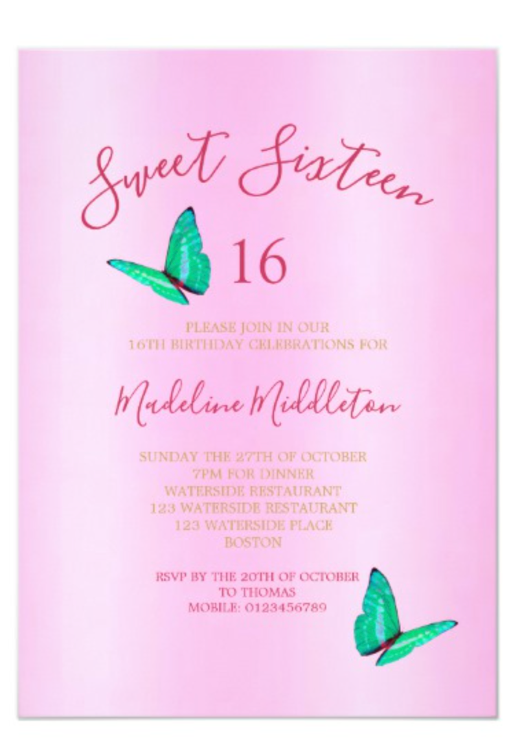 Sweet Sixteen Birthday custom invitation in pink with butterflies