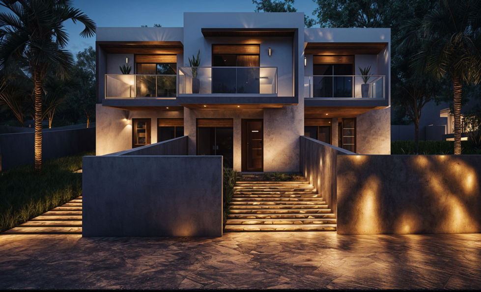 Modern two-story house at night, illuminated exterior