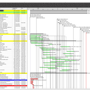 Detailed project Gantt chart showing tasks, timelines, and dependencies