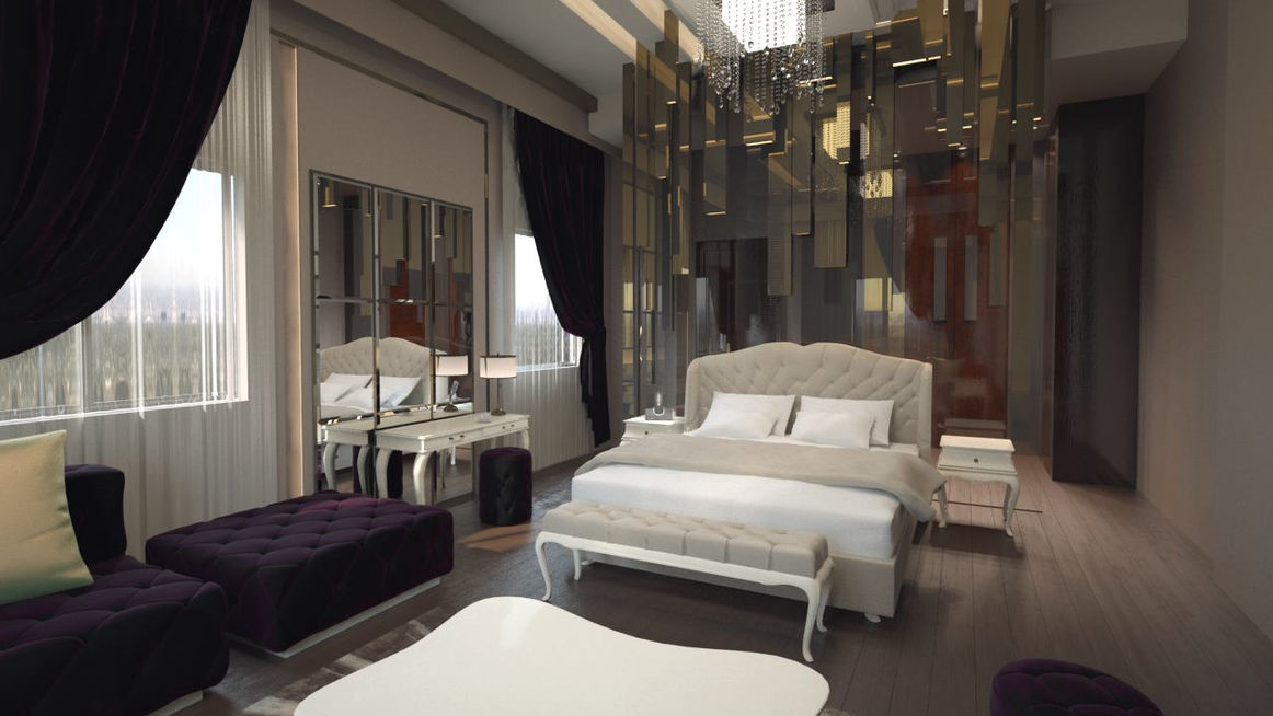 Elegant bedroom design with plush bed, ASK_R_I_10 and dark curtains