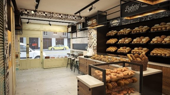 Modern bakery interior showcasing various breads