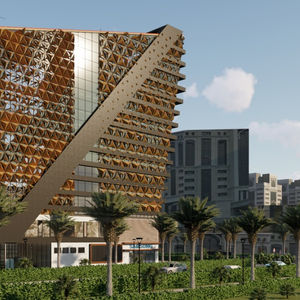 Modern architectural design: Tall building with unique facade