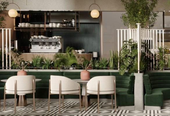 Modern cafe interior: green booths, espresso machine