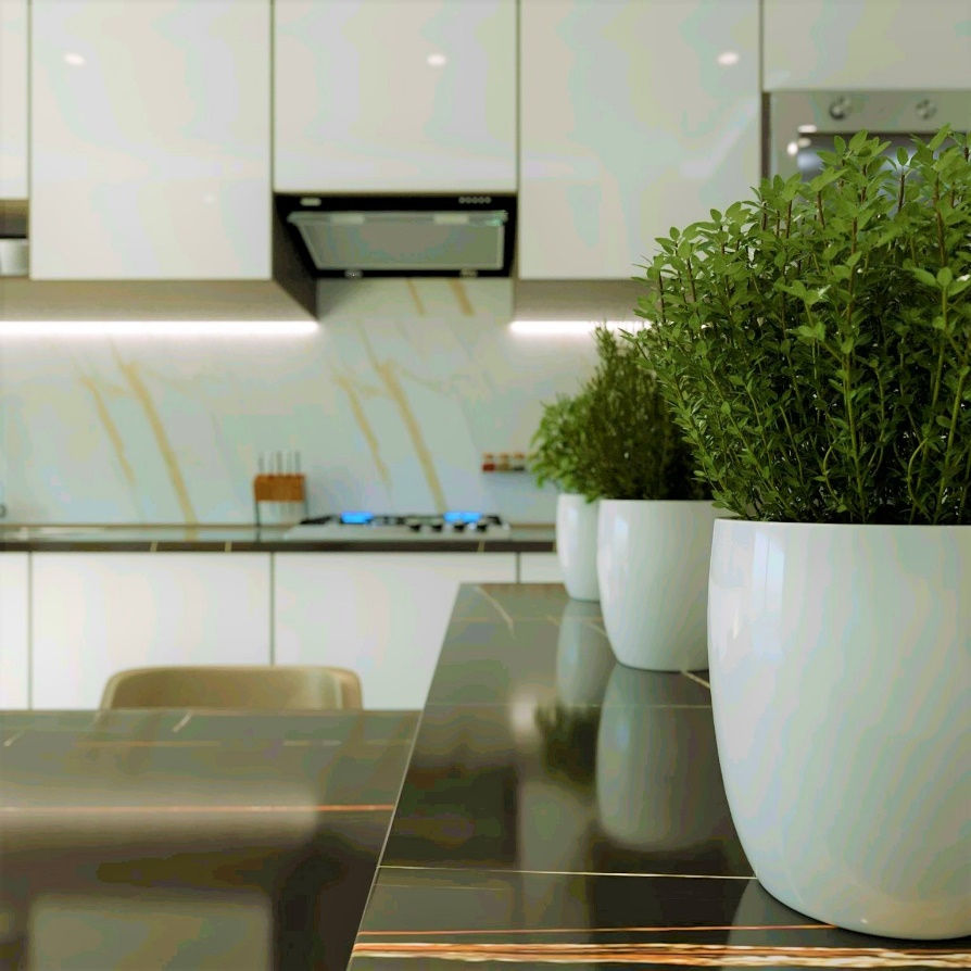 Modern kitchen with potted herbs