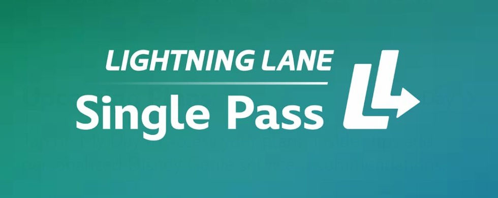 Logotipo Lightning Lane Single Pass em branco sobre fundo verde-azulado, com o símbolo LL em forma de seta à direita.
