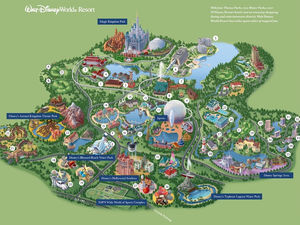 Mapa ilustrado do Walt Disney World Resort em Orlando, destacando Magic Kingdom, EPCOT, Hollywood Studios, Animal Kingdom, Blizzard Beach, Typhoon Lagoon e Disney Springs.