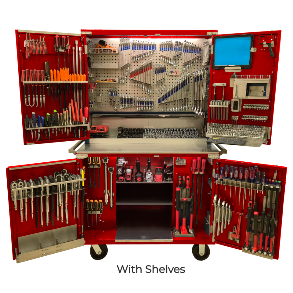 "The Cart" with doors open, in the color red, with shelves in the lower middle section.