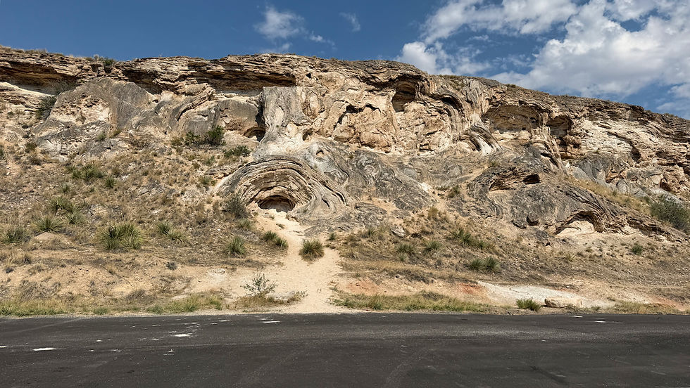 Over the eons, the springs have moved around. This dry hillside shows the inside of an old spring site.