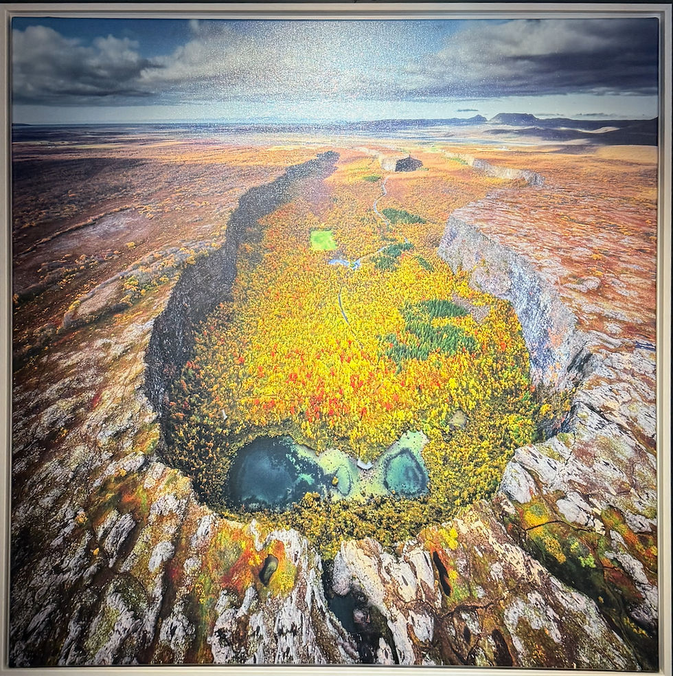 This fine art photo, seen in a gallery, shows the shape of the Asbyrgi canyon. Waterfalls would have poured in from the bottom.