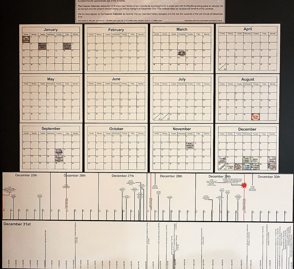 The museum had a very interesting chart on the history of the universe in calendar form. The Big Bang happened on January 1st. Our sun formed at the end of August, and the Earth in mid-September. Multi-cellular life formed on November 9th. Humans arose in the final couple of seconds of December 31st.