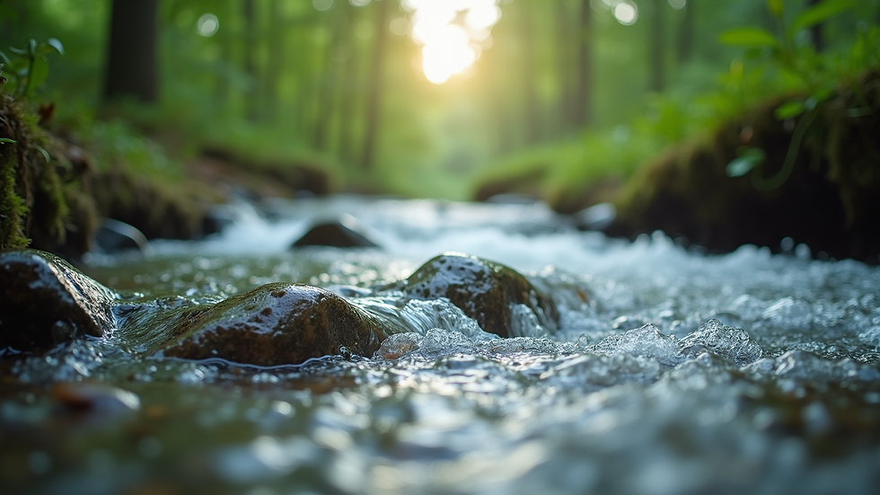 Eye-level view of a serene natural landscape with flowing water