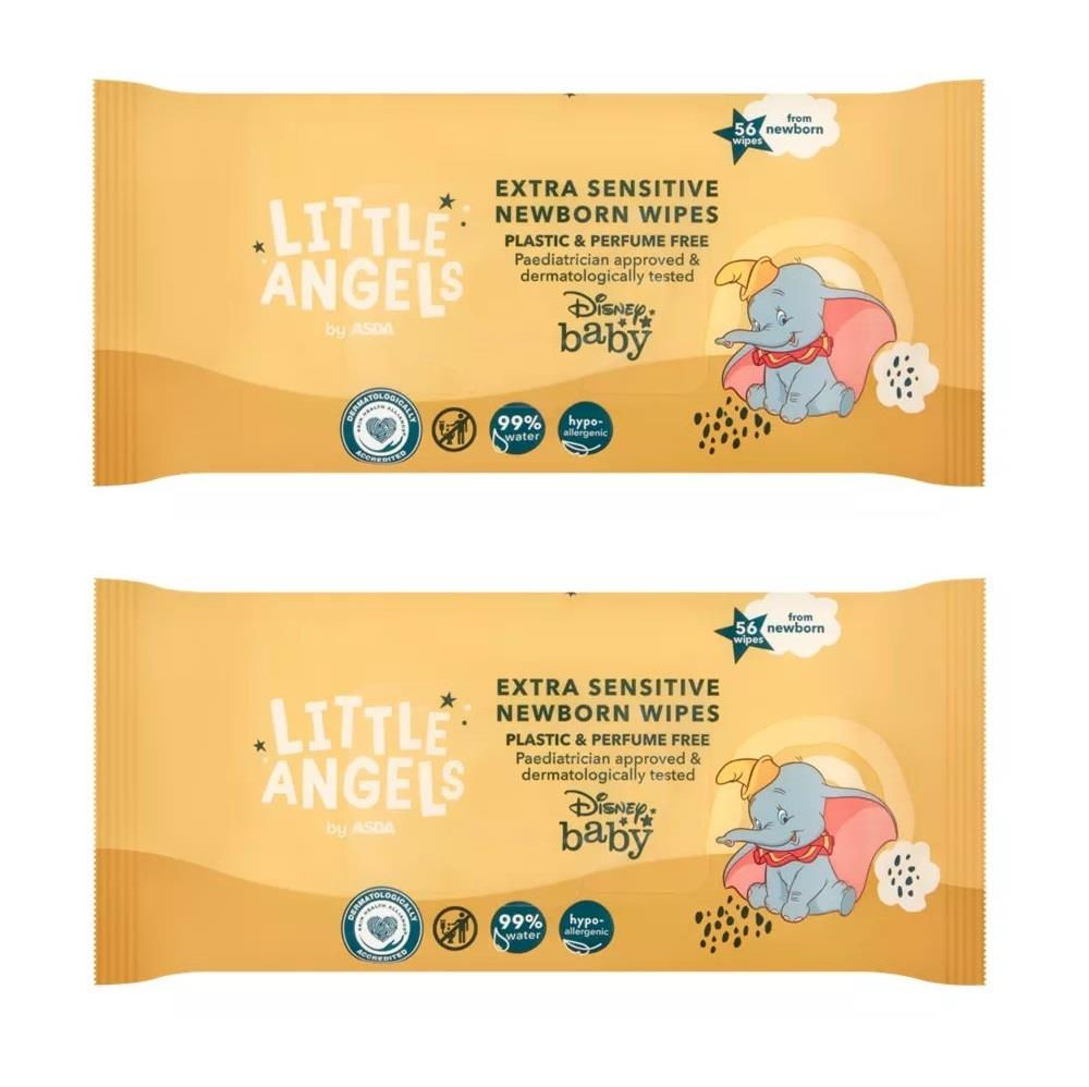 Little Angels By Asda 56 Newborn Extra Sensitive Baby Wipes Fragrance Free, 2-Pk