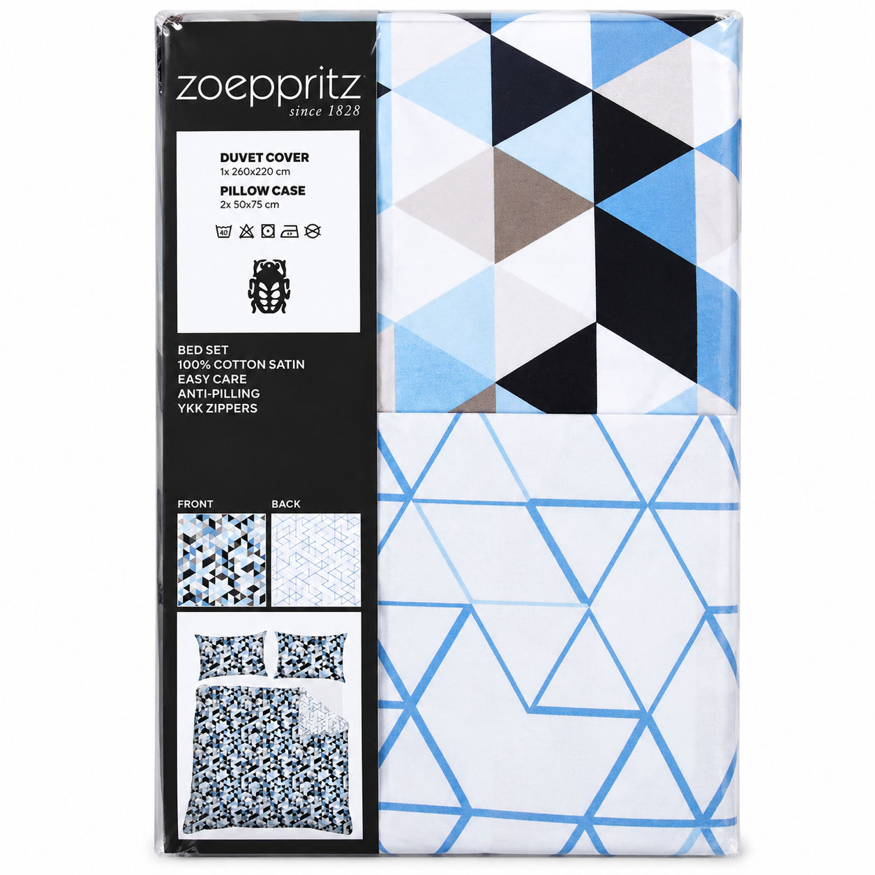 Blue Geometric Reversible 100% Cotton Stain King Duvet Set by Zoeppritz