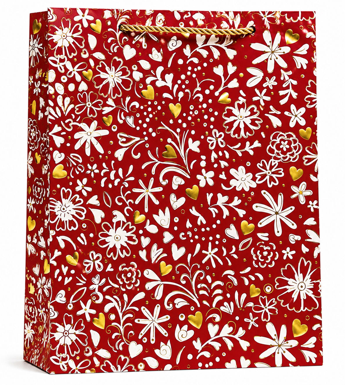 Vibrant Floral Gift Bag with Gold Hearts, Medium Vertical 32x26x12cm