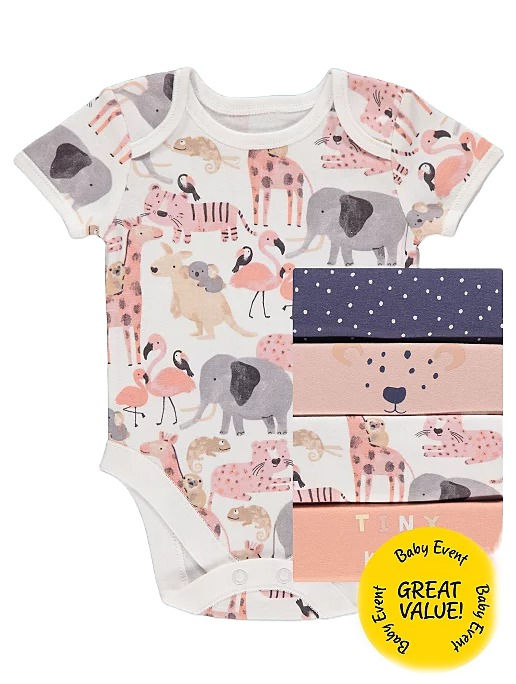Assorted Animal Safari Print Short Sleeve Bodysuits 5 Pack by George