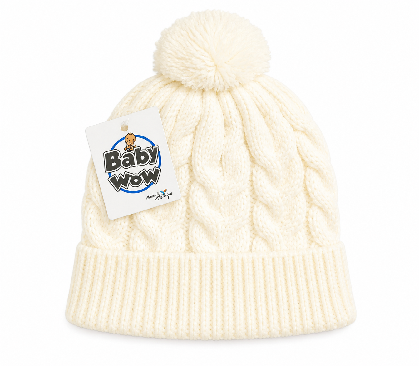 Baby Wow Baby Wool Cap with Pom-pom and Rope, Cream