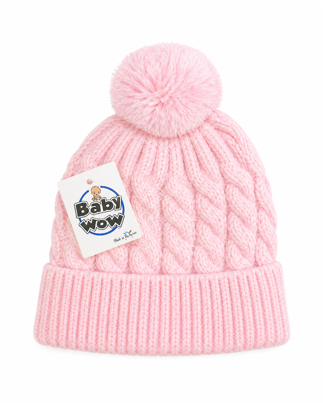 Baby Wow Baby Wool Cap with Pom-pom and Rope, Pink