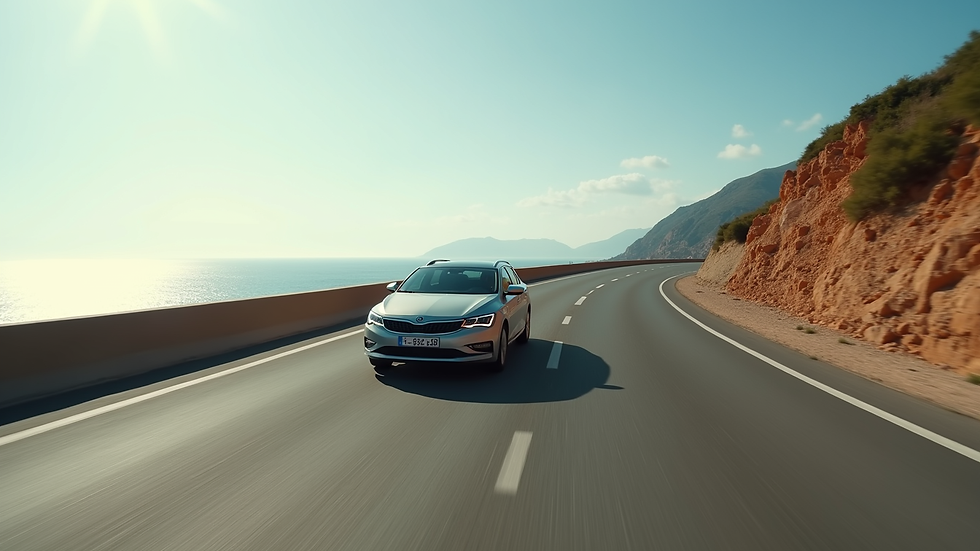 Wide angle view of a 7-seater car driving on a coastal road near Catania