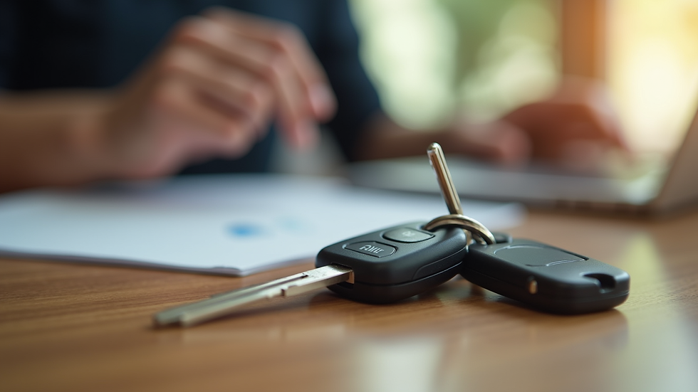 Close-up view of rental car keys on a wooden desk ready for handover