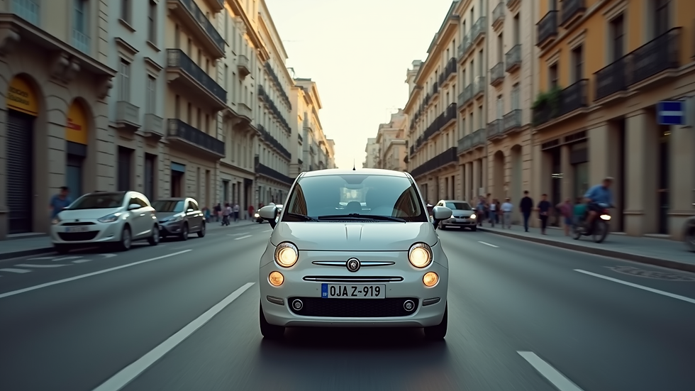Vista frontale di una city car in movimento su strada urbana a Catania