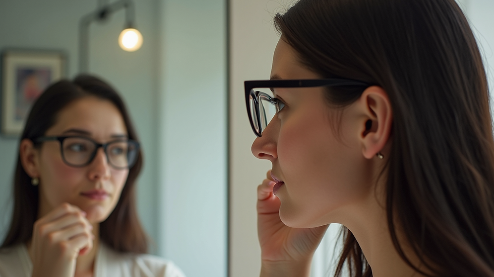 Eye-level view of a woman analyzing eyeglass frames in front of a mirror