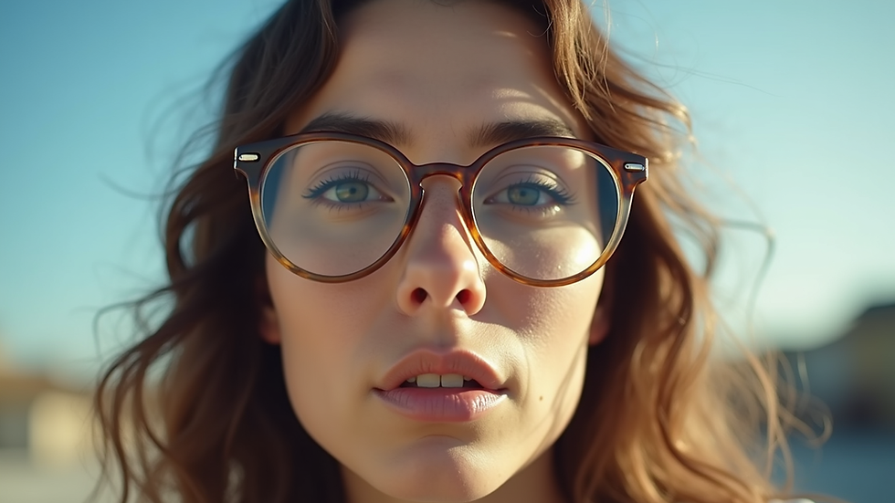 Close-up eye-level view of a woman confidently wearing clip on glasses outdoors