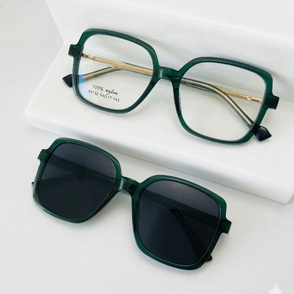 Óculos de grau feminino clip-on Esmeralda Imperial com lente solar magnética verde escura em rosto de mulher madura.