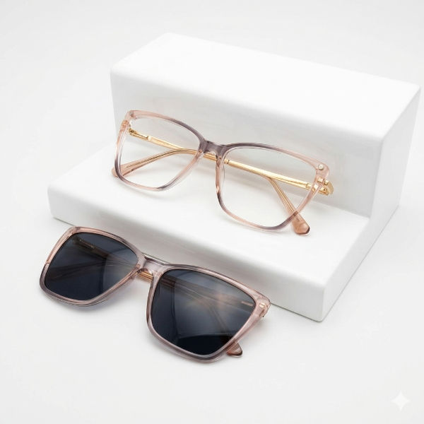 Óculos de grau feminino Kaelis Rosé transparente e lente clip-on solar magnética preta em suporte branco, estilo editorial.