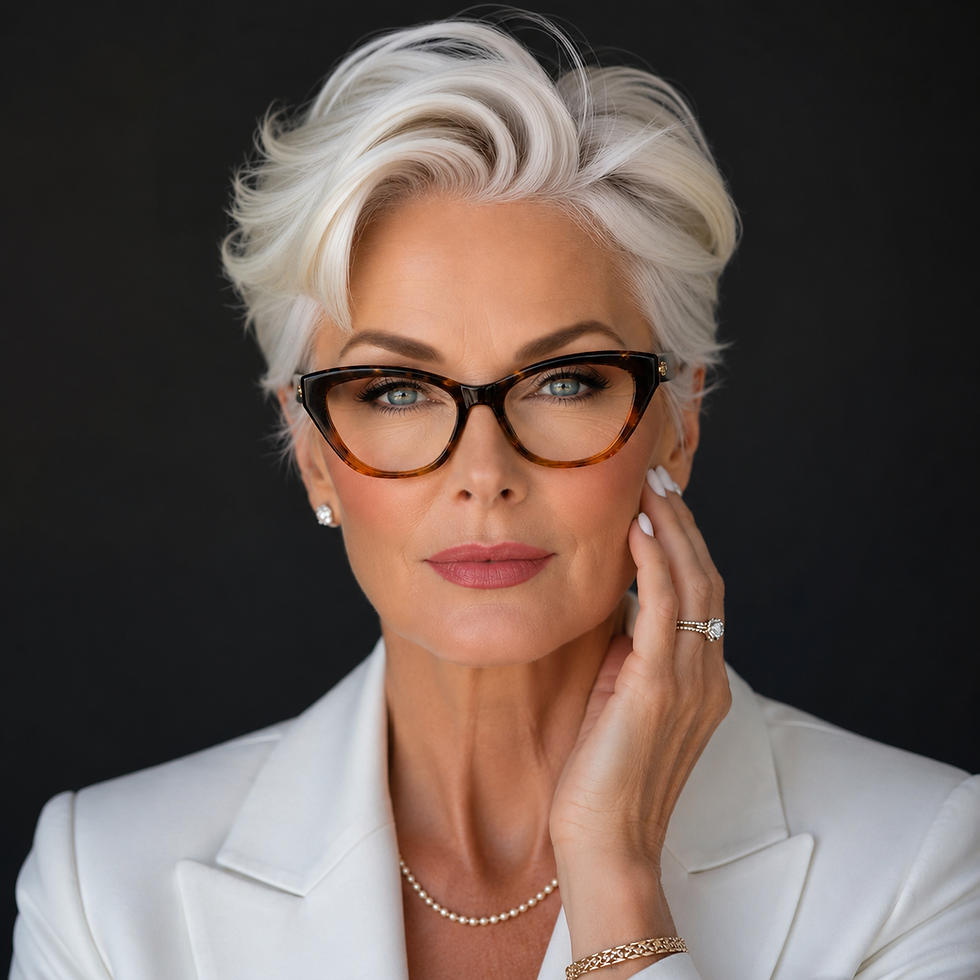 Mulher de cabelos grisalhos usando óculos de grau feminino Charlotte degradê âmbar em acetato premium modelo BR19052.