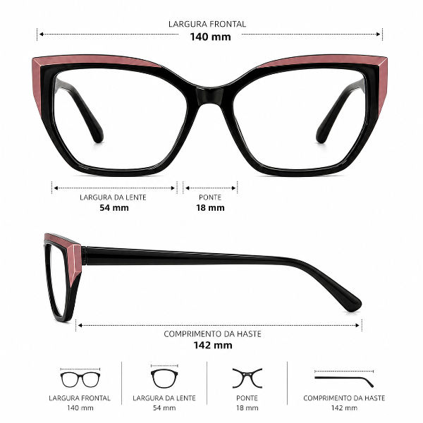 Miniatura: Medidas do Óculos de Grau Feminino Lady Noir NT6147 lente 54 mm ponte 18 mm haste 142 mm