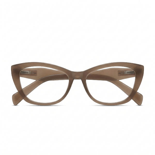 Óculos de grau feminino Prestigie na cor nude pardo quente, com formato leve gatinho e lentes transparentes, isolado em fundo