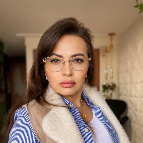 Mulher usando armação de óculos feminina geométrica Lisette Rose
